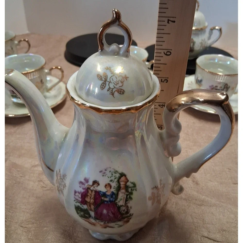 Vintage 1960s Made in Japan Courting Couple Demitasse Tea Set Gold Trim 13 Pc‎